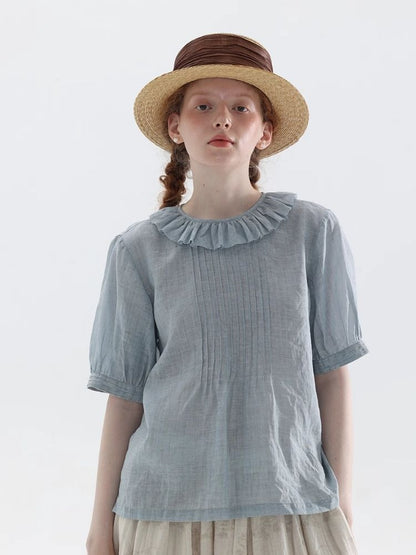 Misty Blue Ramie Retro Literary Shirt【s0000007975】