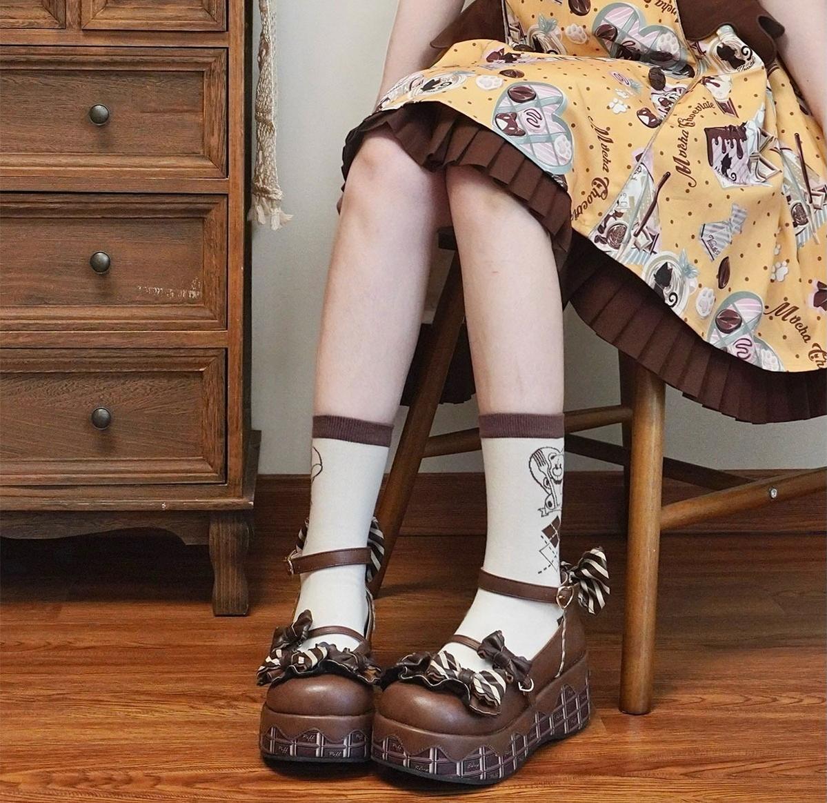 Sheep Puff - Chocolate Sponge Cake - Sweet Lolita Thick-Sole Shoes with Printed Platform