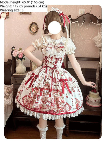 ZhiJinYuan - Strawberry Bear - Sweet Lolita Jumper Dress, Strawberry Bear Prints