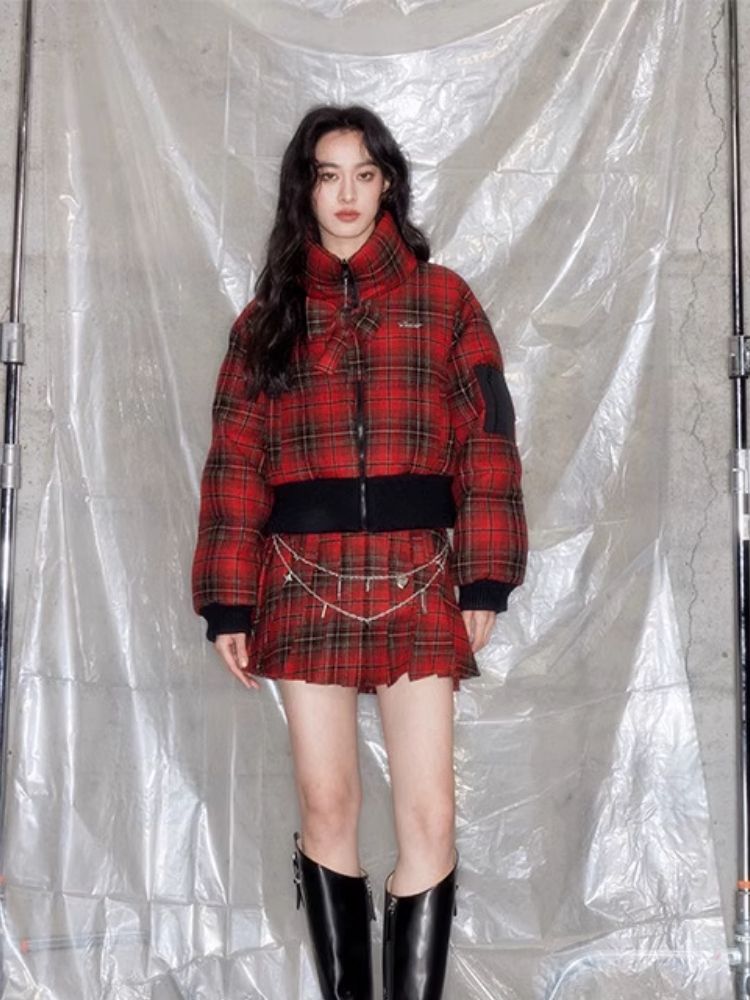 Red plaid two sides wear short cotton jacket 【s0000005633】