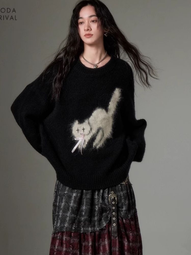 Monday fried cat soft round neck pullover sweater【s0000004867】