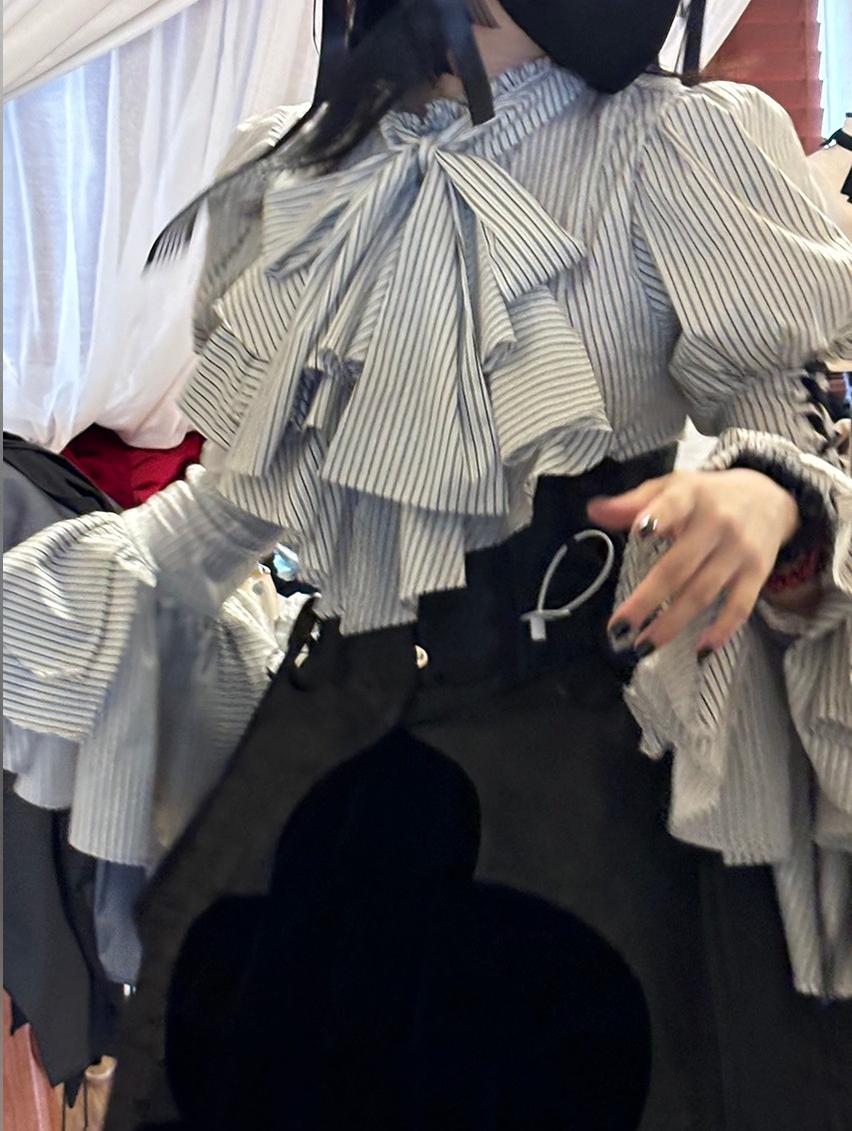 FlowerFairyDaily - Gothic Lolita Striped Shirt With Alternative NeckTie/Jabot