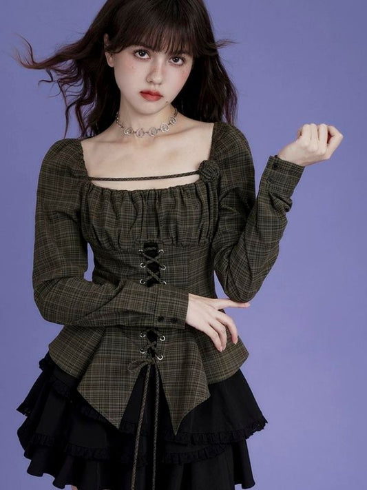 Sweet Teal Plaid Rose Irregular Design Top【s0000004432】