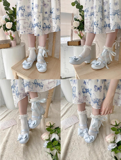 MODO - Sissi - Sweet Lolita Shoes Satin Low Chunky Heels with Bow