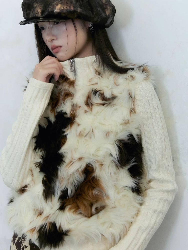 Cow Print Curly Patchwork Sweater 【s0000004958】