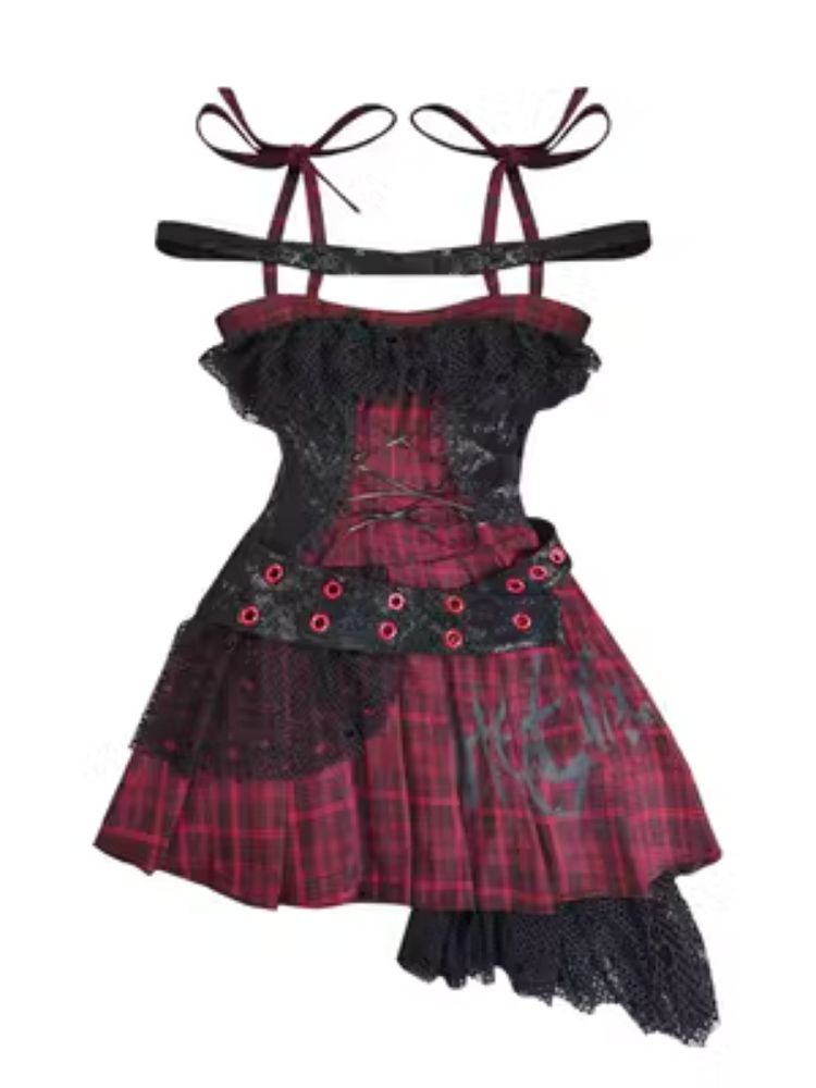 Niche Iconic Rock Halter Red and Black Plaid Dress【s0000004930】