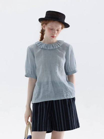 Misty Blue Ramie Retro Literary Shirt【s0000007975】