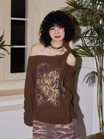 Retro Strapless Long Sleeve Printed Loose Sweatshirt【s0000007109】
