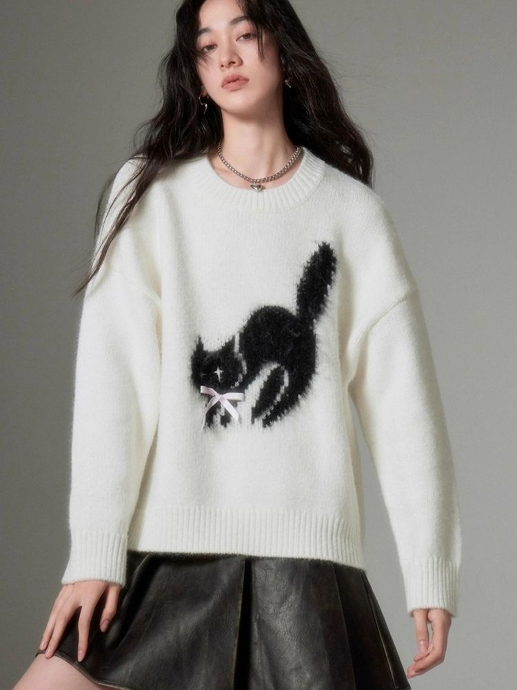 Monday fried cat soft round neck pullover sweater【s0000004867】