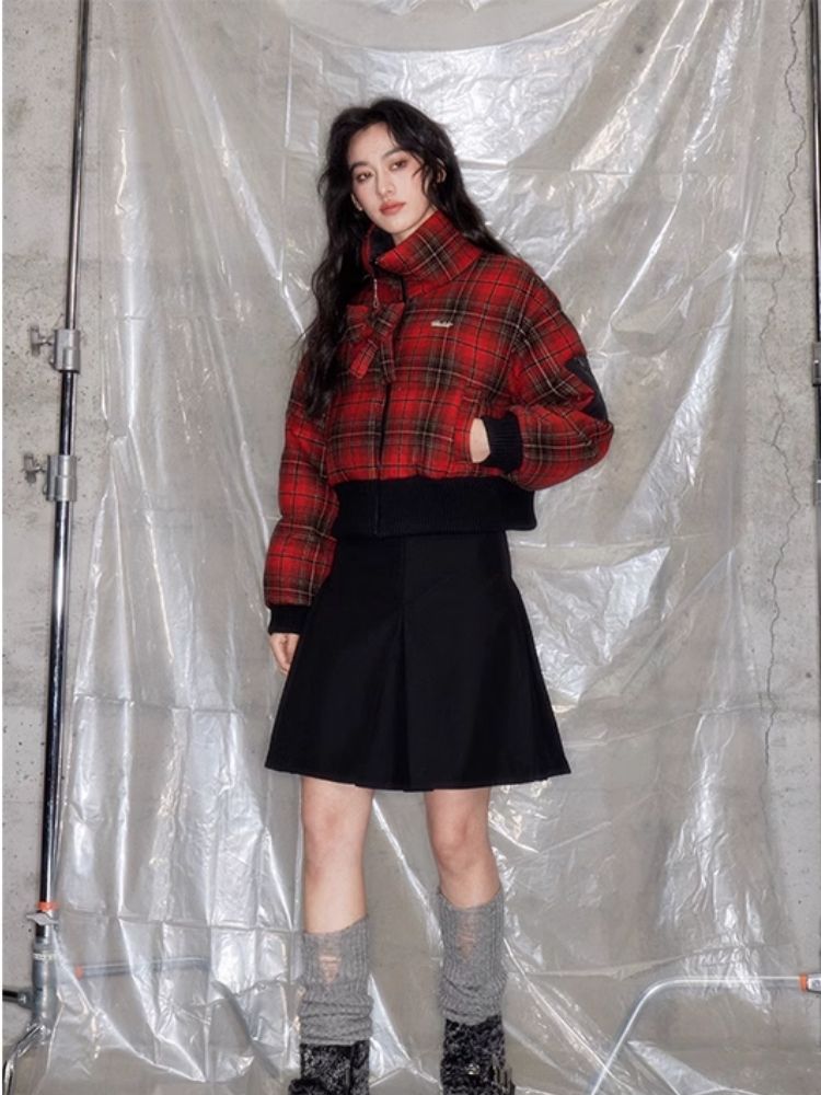 Red plaid two sides wear short cotton jacket 【s0000005633】