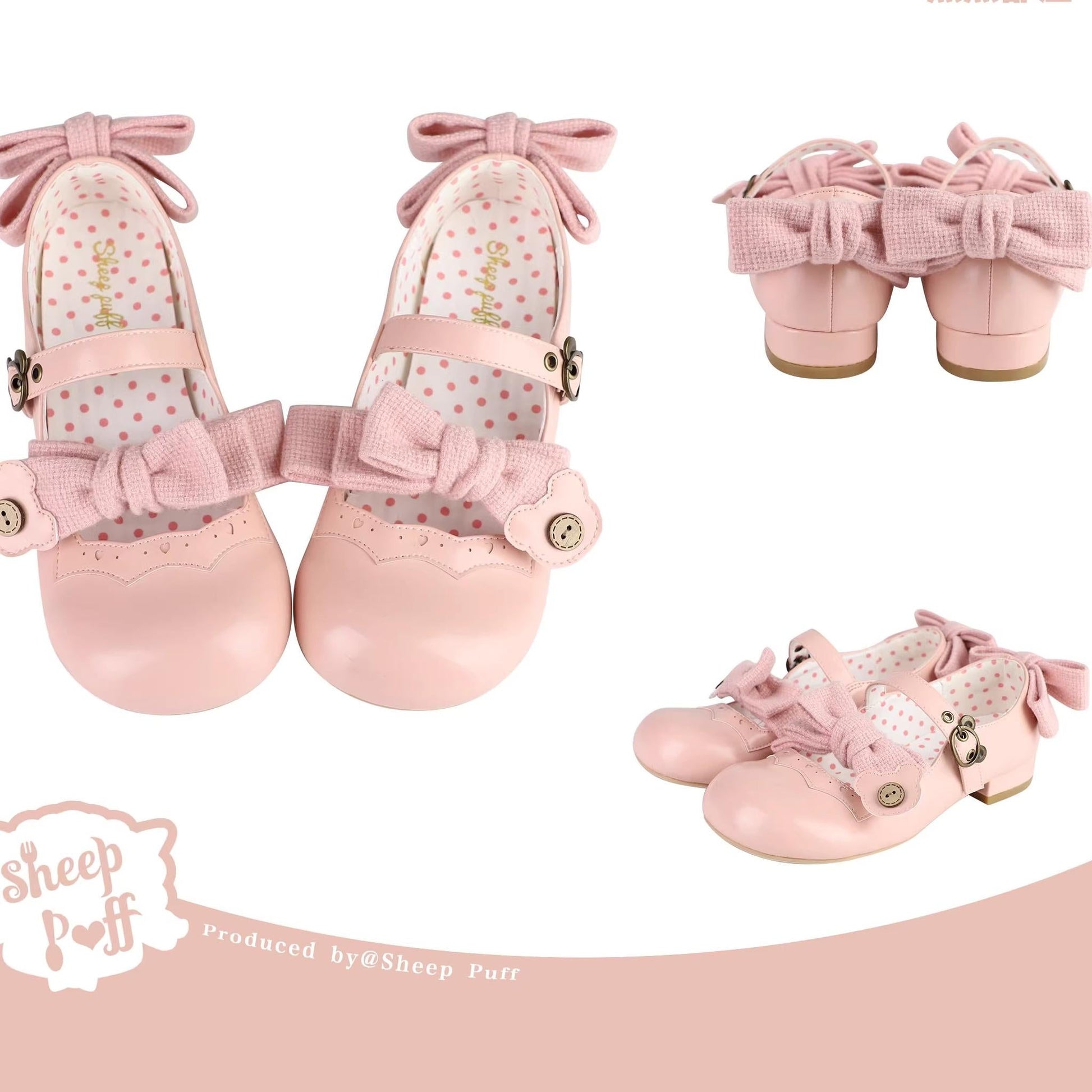 Sheep Puff - Bear Room - Sweet Lolita Shoes Double Bow Round Toe Flat Shoes