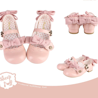 Sheep Puff - Bear Room - Sweet Lolita Shoes Double Bow Round Toe Flat Shoes