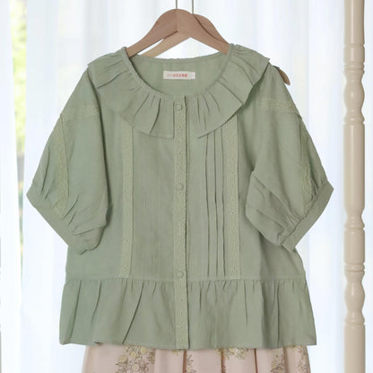 MIST - Spring Retro - Cotton Kawaii Lolita Shirt with Ruffled Neck and Lace Detail
