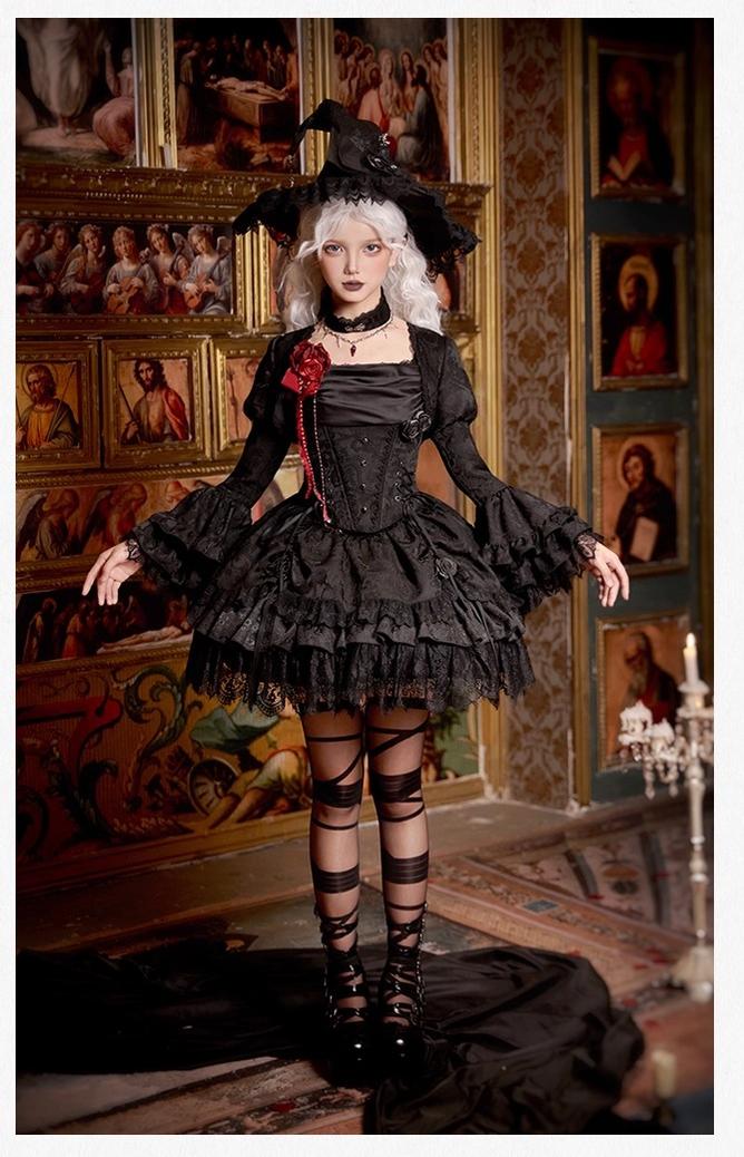 With PUJI - Letter and Poetry ﾂｷ Twilight - Black Gothic Lolita Skirt Set, Witch-Inspired