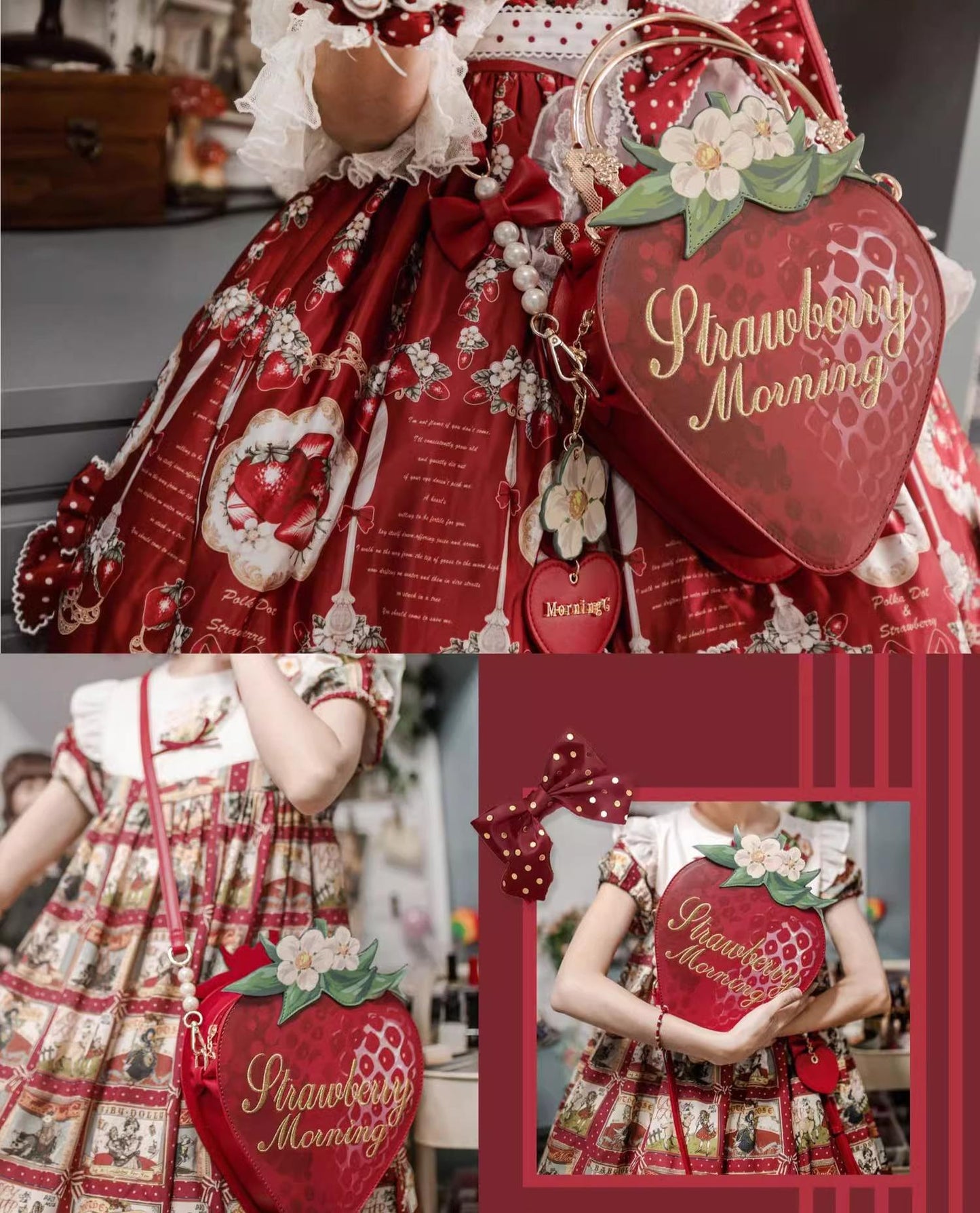 Morning Glory - A Strawberry - Sweet Lolita Crossbody Bag Strawberry Printed Handbag