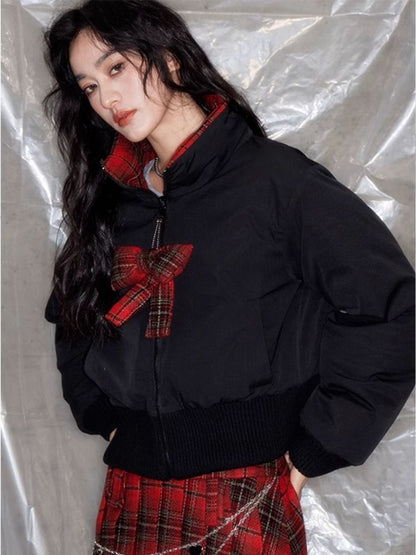 Red plaid two sides wear short cotton jacket 【s0000005633】