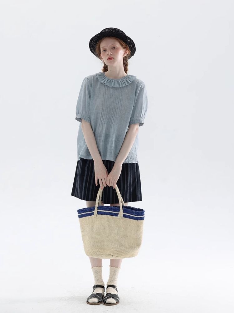 Misty Blue Ramie Retro Literary Shirt【s0000007975】