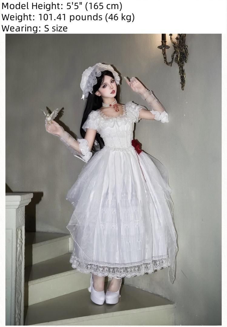 With PUJI - Dawn's Last Light - Castle Printed White Gothic Lolita OP, Two Length Styles
