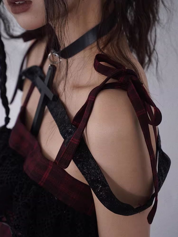 Niche Iconic Rock Halter Red and Black Plaid Dress【s0000004930】