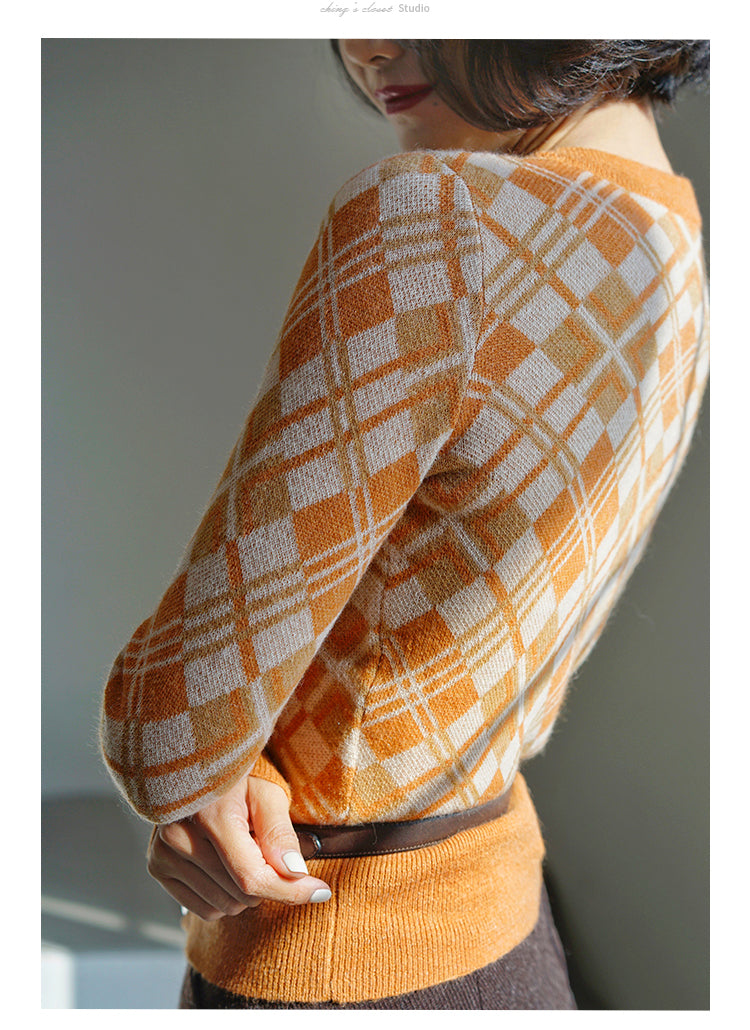 red orange retro plaid cardigan