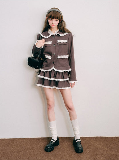 Lace Stitch College Taste Jacket ＆ Puffy Mini Skirt【s0000003853】
