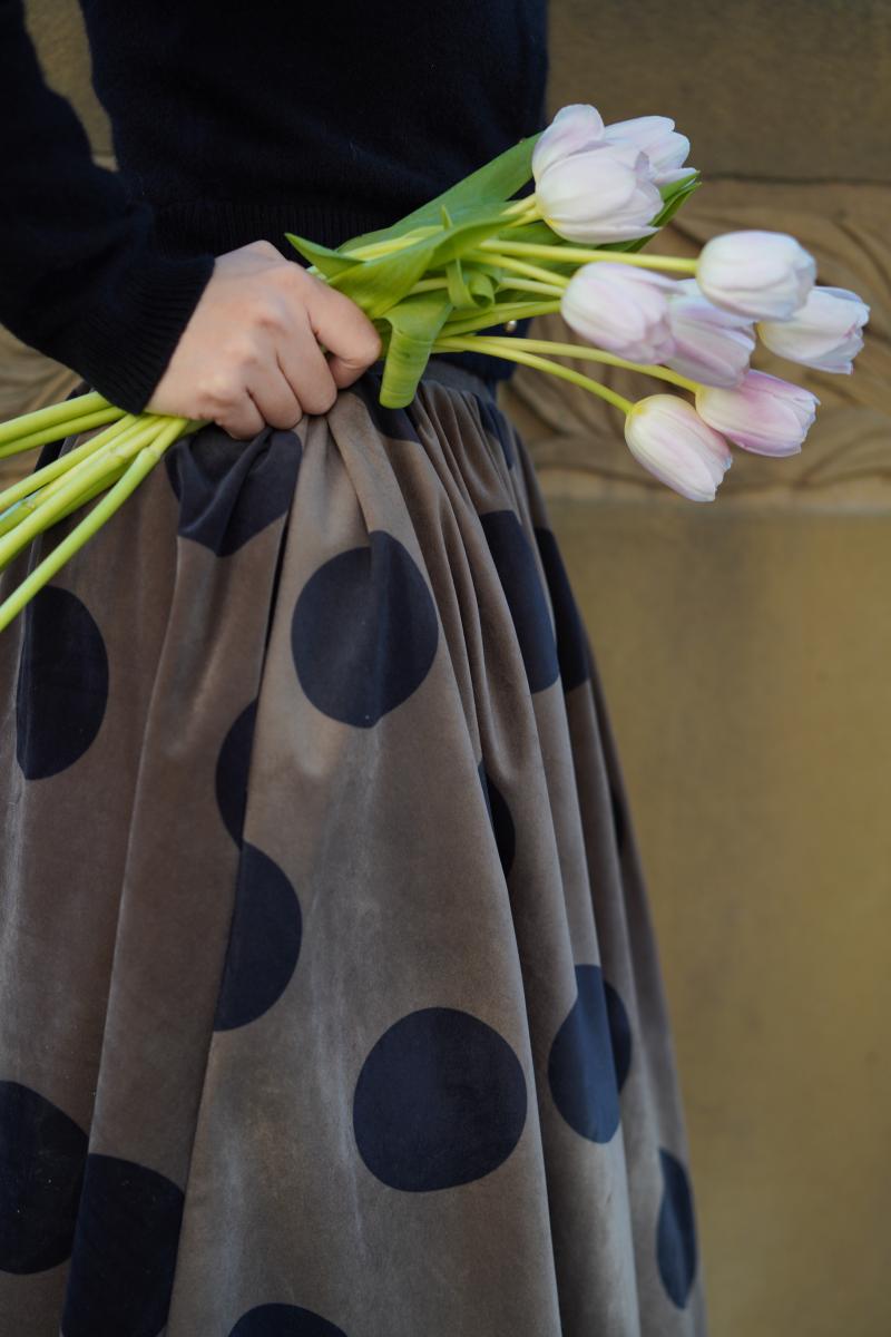 Birch brown polka dot velvet umbrella skirt