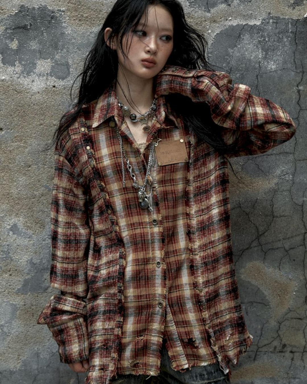 old washed contrast plaid shirt