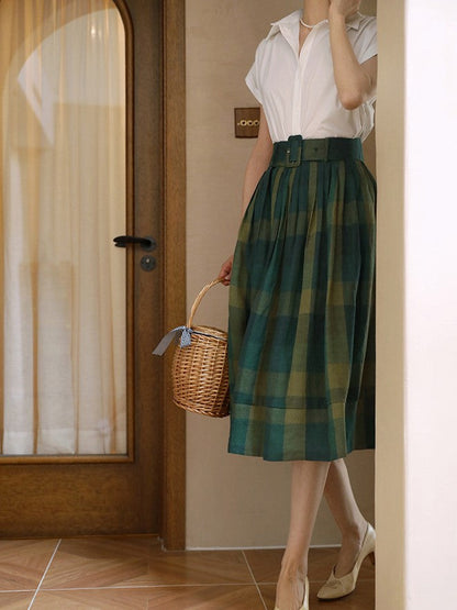 Dark green plaid retro umbrella skirt