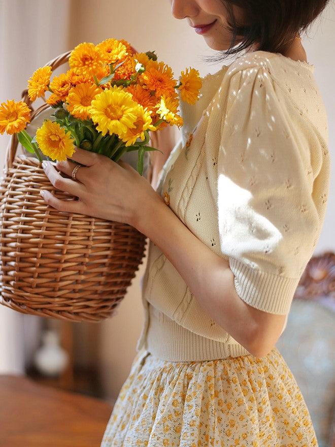 Ivory Flower Embroidered Knit Cardigan