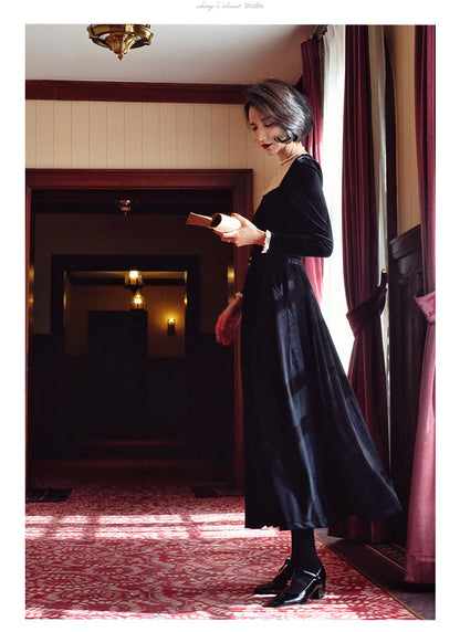 black lady velvet long skirt