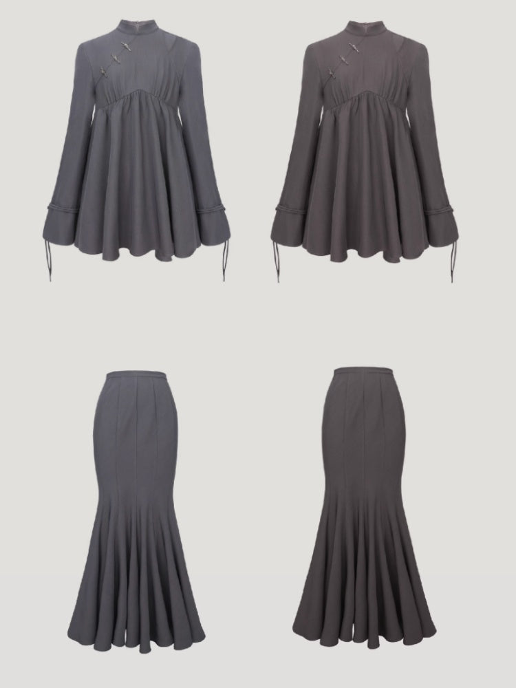 Mao Collar Switching Peplum Tops & Mermaid Skirt【s0000004393】