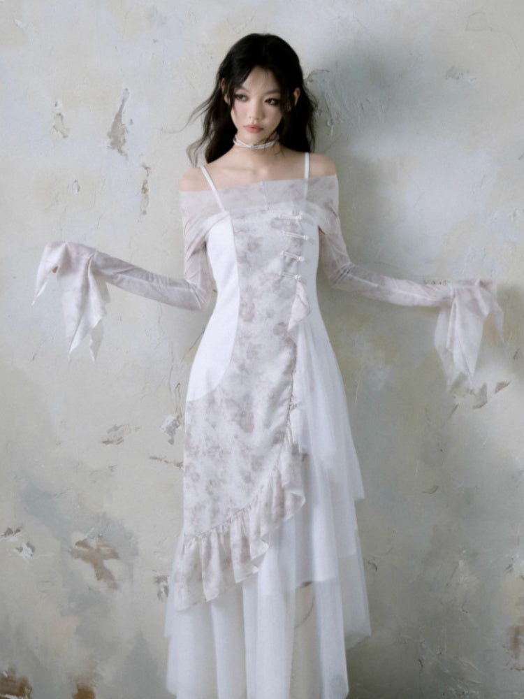 Patchwork Ruffle Suspender Long Dress & Waistcoat【s0000004379】