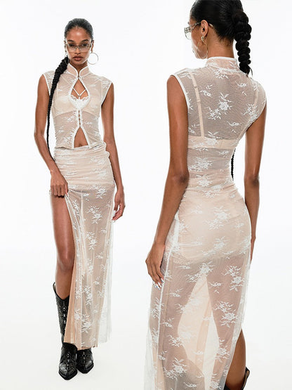 Mesh Lace Cheongsam Blouse & Skirt Set【s0000009176】