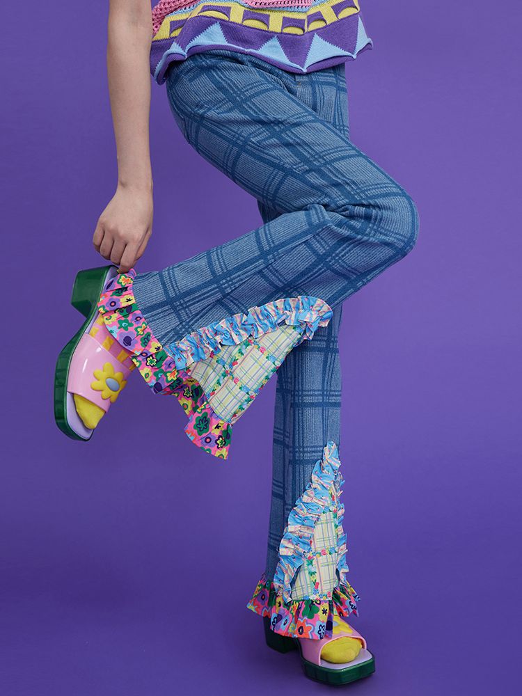 Plaid stretch slim fit slim high waist jeans【s0000002056】