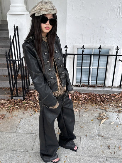 Leopard Pattern Splicing Leather Jacket & Wide Pants【s0000004172】