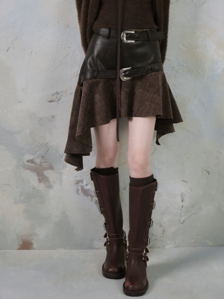 Belt Accent Irregular PU Leather Switching Mini Skirt【s0000004401】