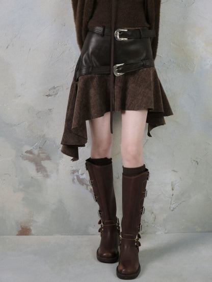 Belt Accent Irregular PU Leather Switching Mini Skirt【s0000004401】