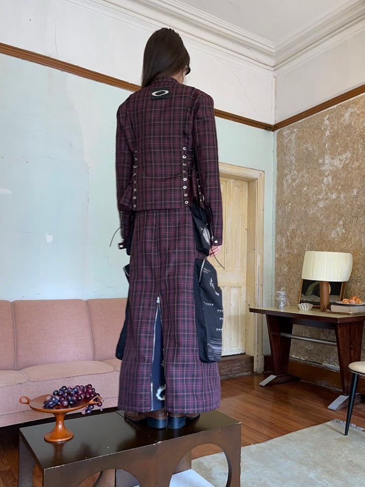 Plaid Zipper Short Jacket & Patch Pocket Long Skirt【s0000003884】