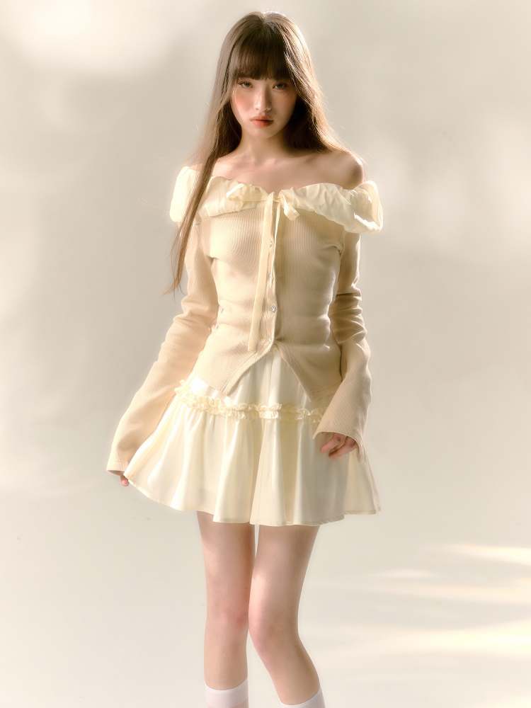 Lace Off Shoulder Knit Tops & Tutu Mini Skirts【s0000007365】