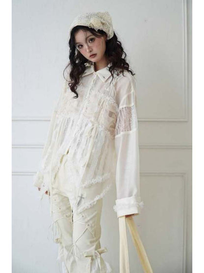 Lace-Up Crosses Embroidery Chiffon Lace Trim Shirt【s0000008151】