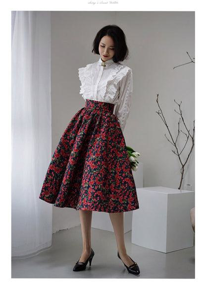 red flower jacquard skirt