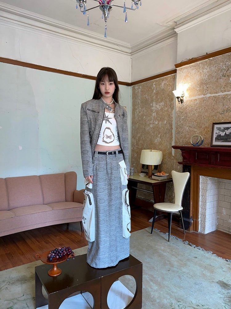 Jacquard Zipper Short Jacket ＆ Low Waist Long Skirt【s0000003885】