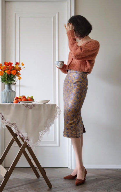 Blue-purple floral jacquard satin skirt