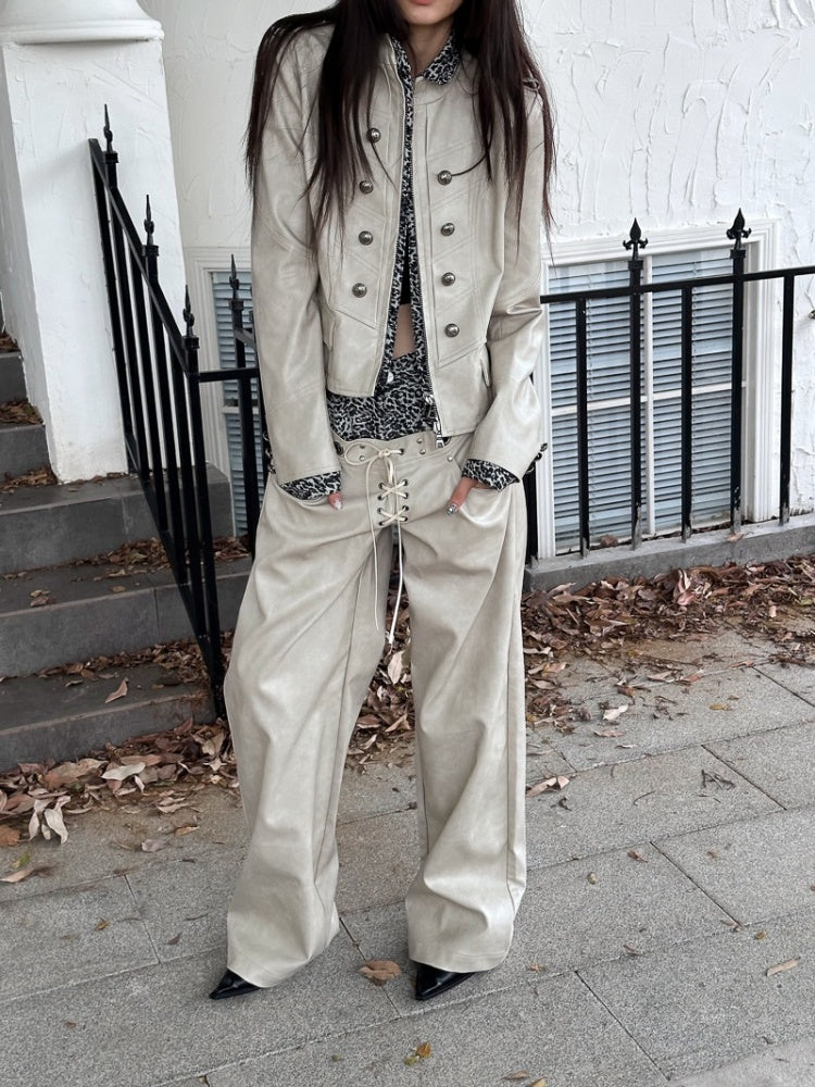 Leopard Pattern Splicing Leather Wide Pants【s0000004171】