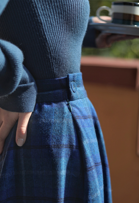 Blue Indigo Checkered Umbrella Skirt