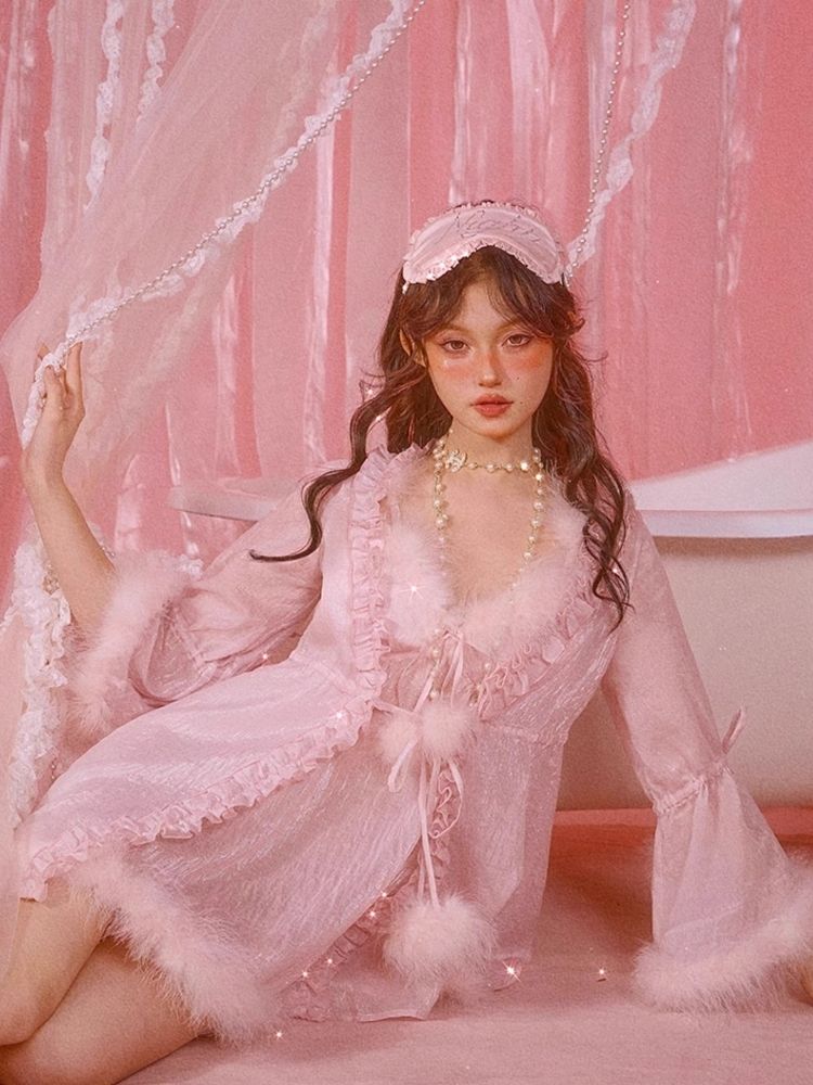 Sexy Pajamas Pink Halter Dress Robe Set【s0000006583】