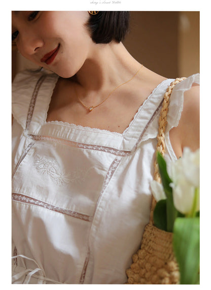 White Thread Embroidered Vintage Tops