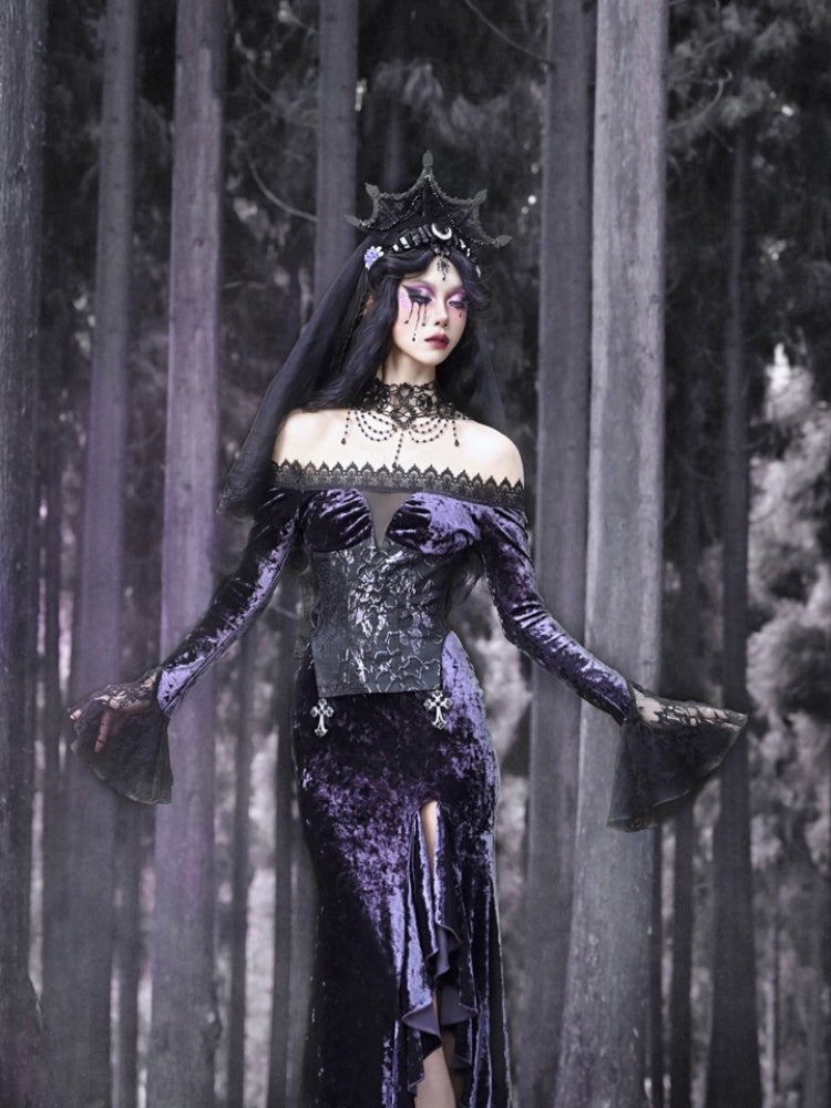 Gothic Velvet Off Shoulder Fish Tail Long One Piece【s0000003867】