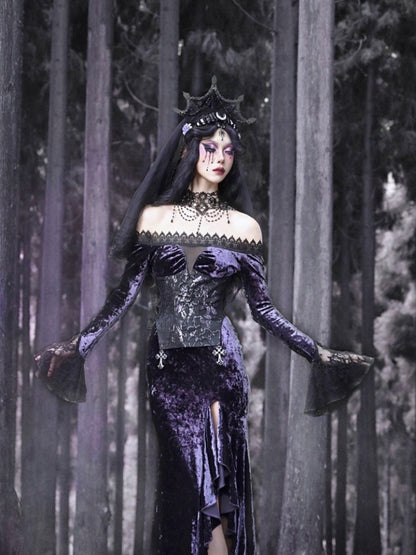 Gothic Velvet Off Shoulder Fish Tail Long One Piece【s0000003867】