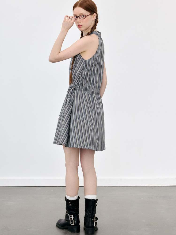 Halter Neck Tie Sleeveless Striped A-Line Dress【s0000008090】